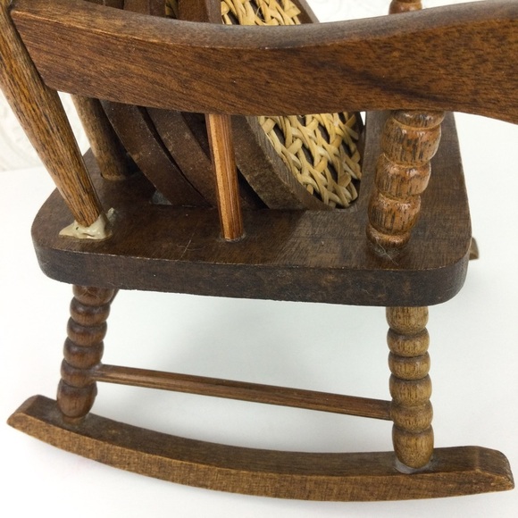 Vintage MCM wooden rattan miniature rocking chair with coasters set of 3 - Picture 5 of 13